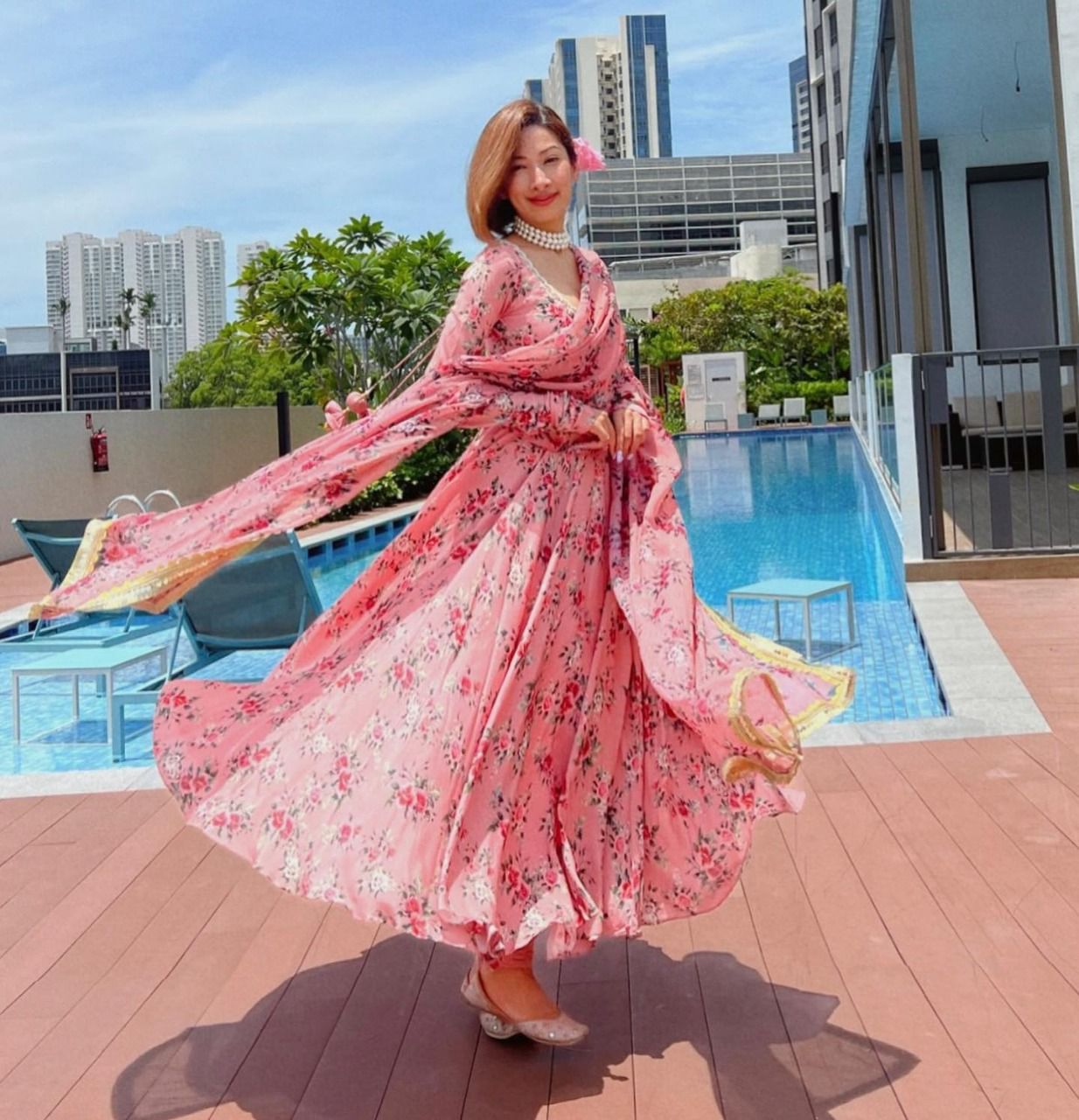 Beautiful Gown With Floral Printed Umbrella Flair With Pent And Dupatta Set