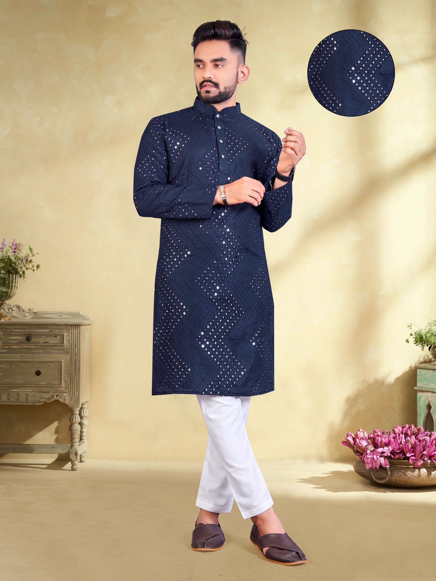 Embroidery Mirror Work Mens Kurtas