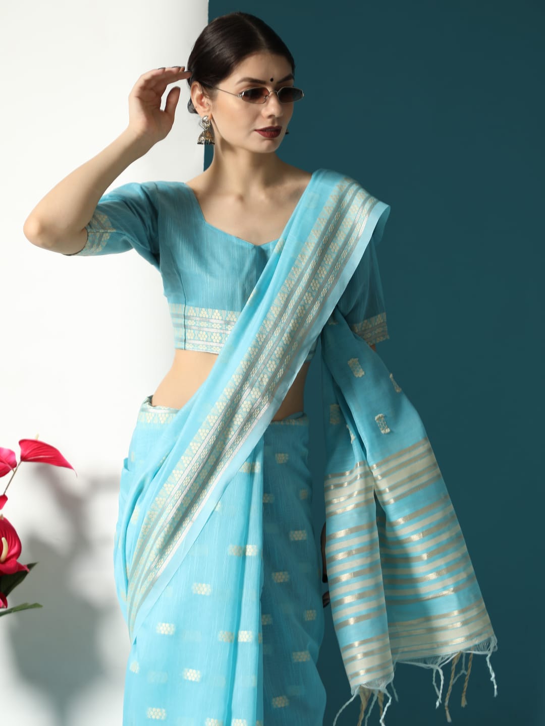 Sky Blue Chanderi Chikankari Weaving Saree With Classy Zari