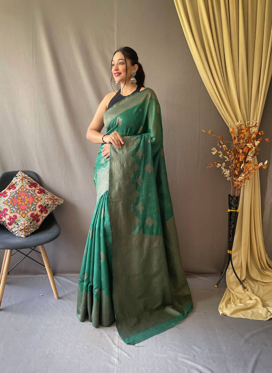 Green Pure Linen Tissue Combination Saree