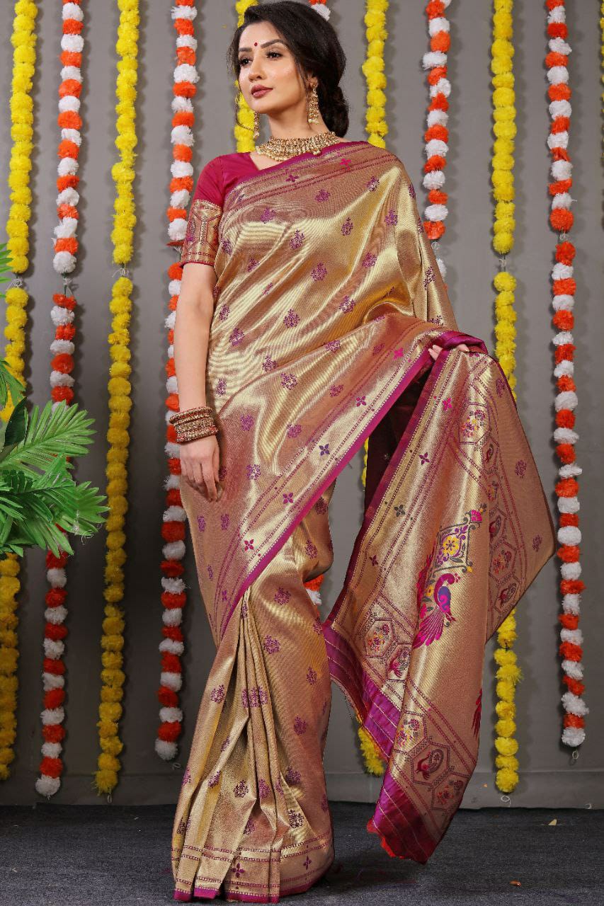 Beautiful MaroOn Paithani Pure silk handloom saree with Pure Jari