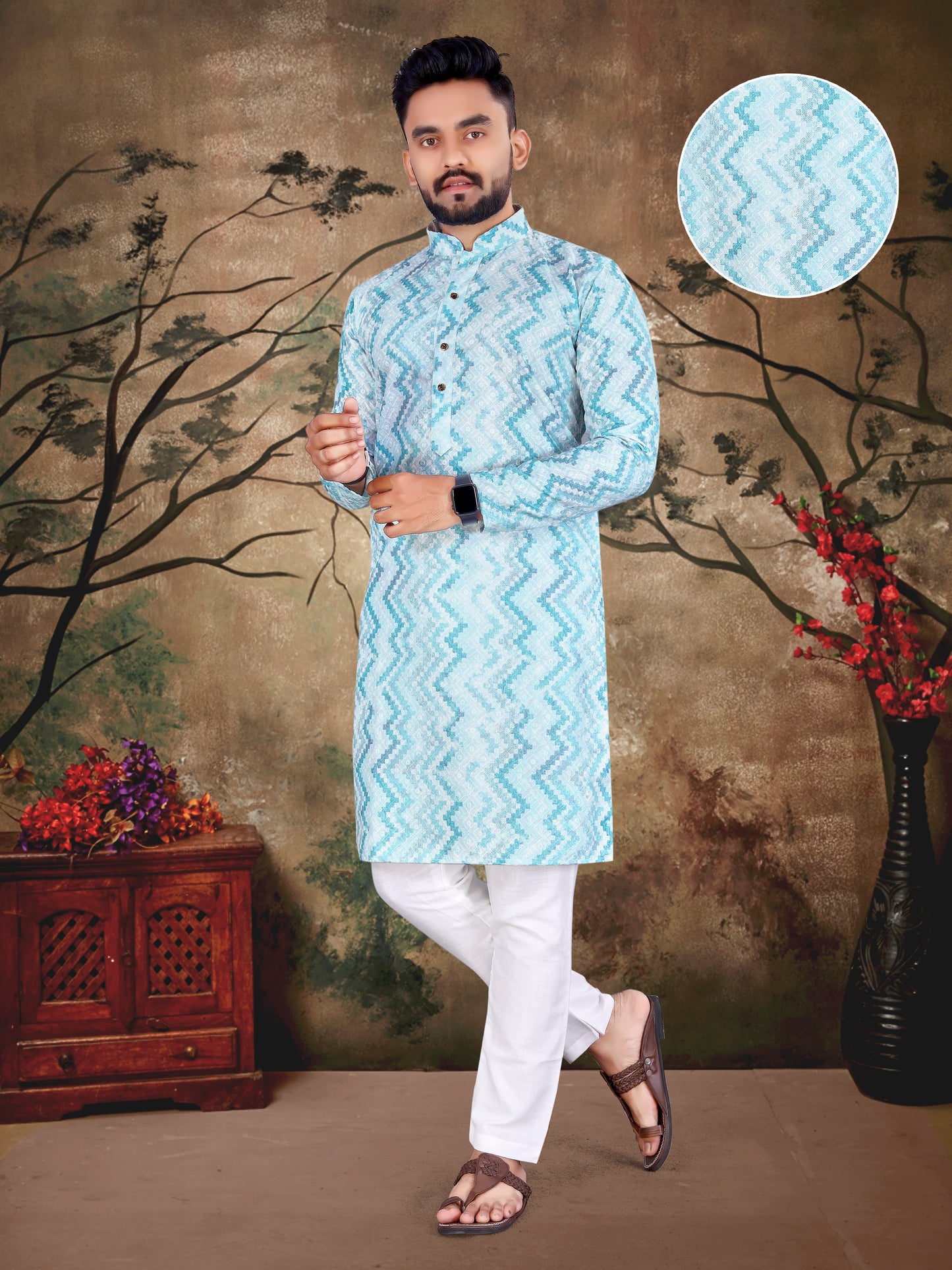 Lakhnavi ZIG ZAG Work & Print Man's Fancy Kurta