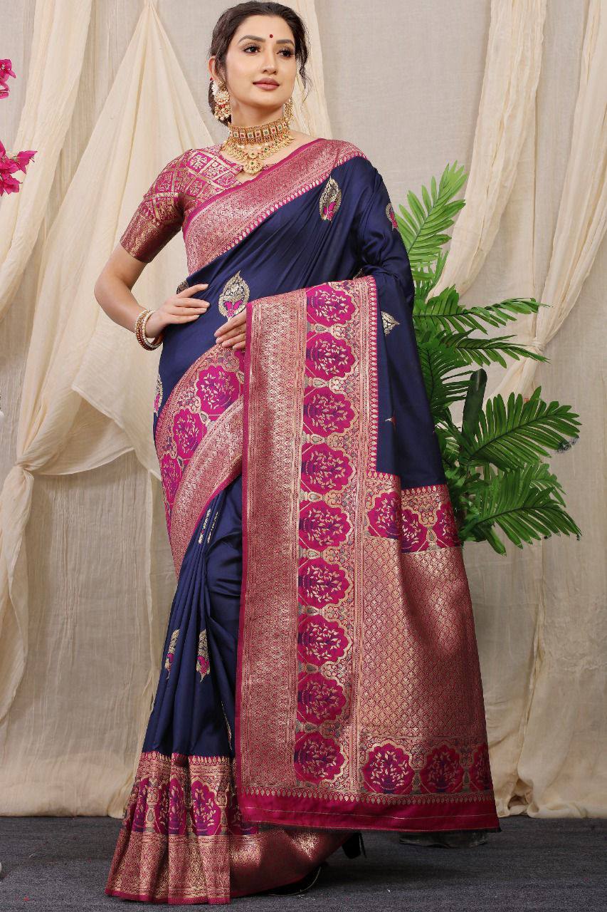 Beautiful Blue Pure Silk With gold Jari and Meena work Kanchipuram Saree