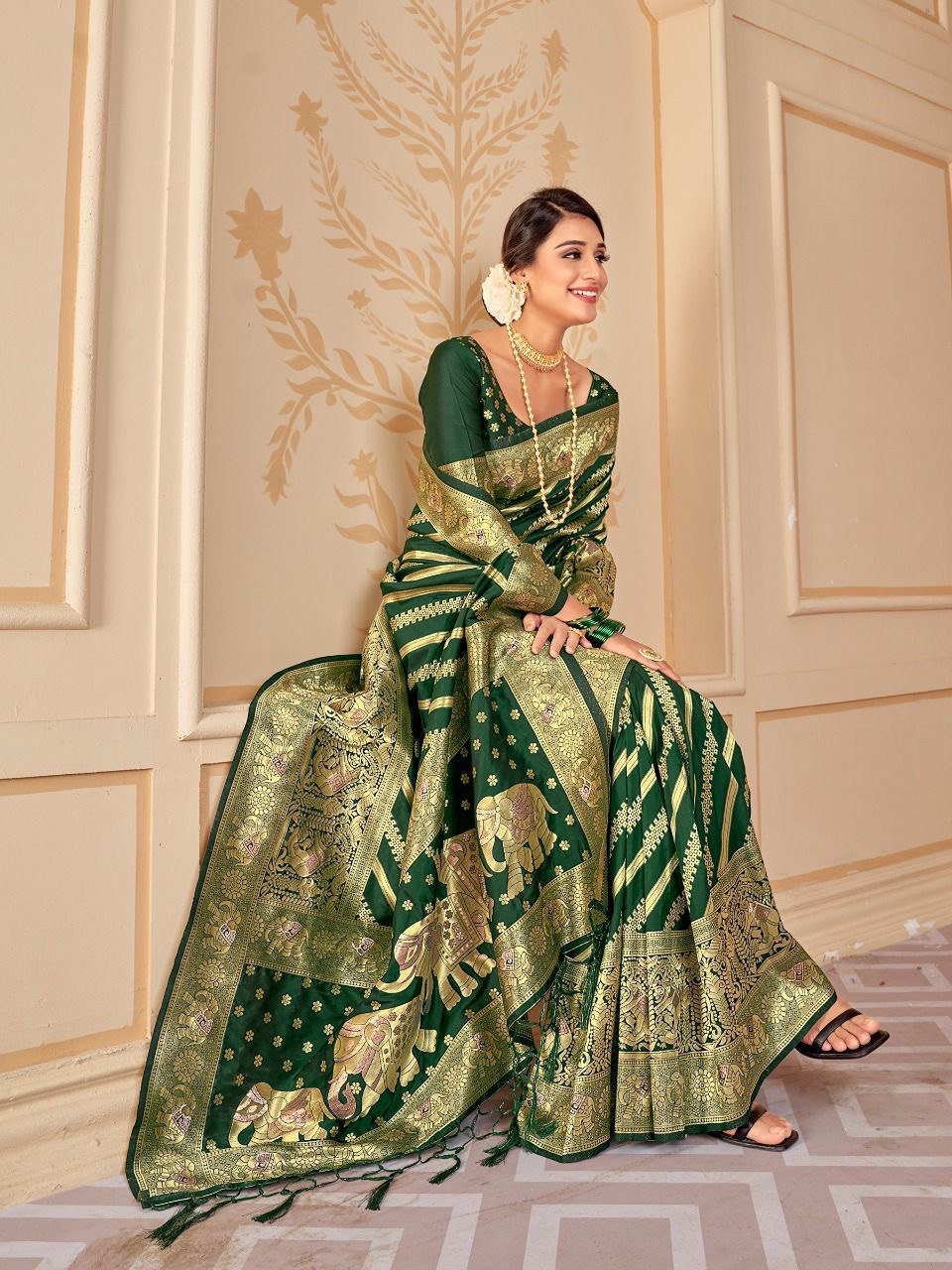 Bottle Green Silk Saree With Zari Weaving Work.