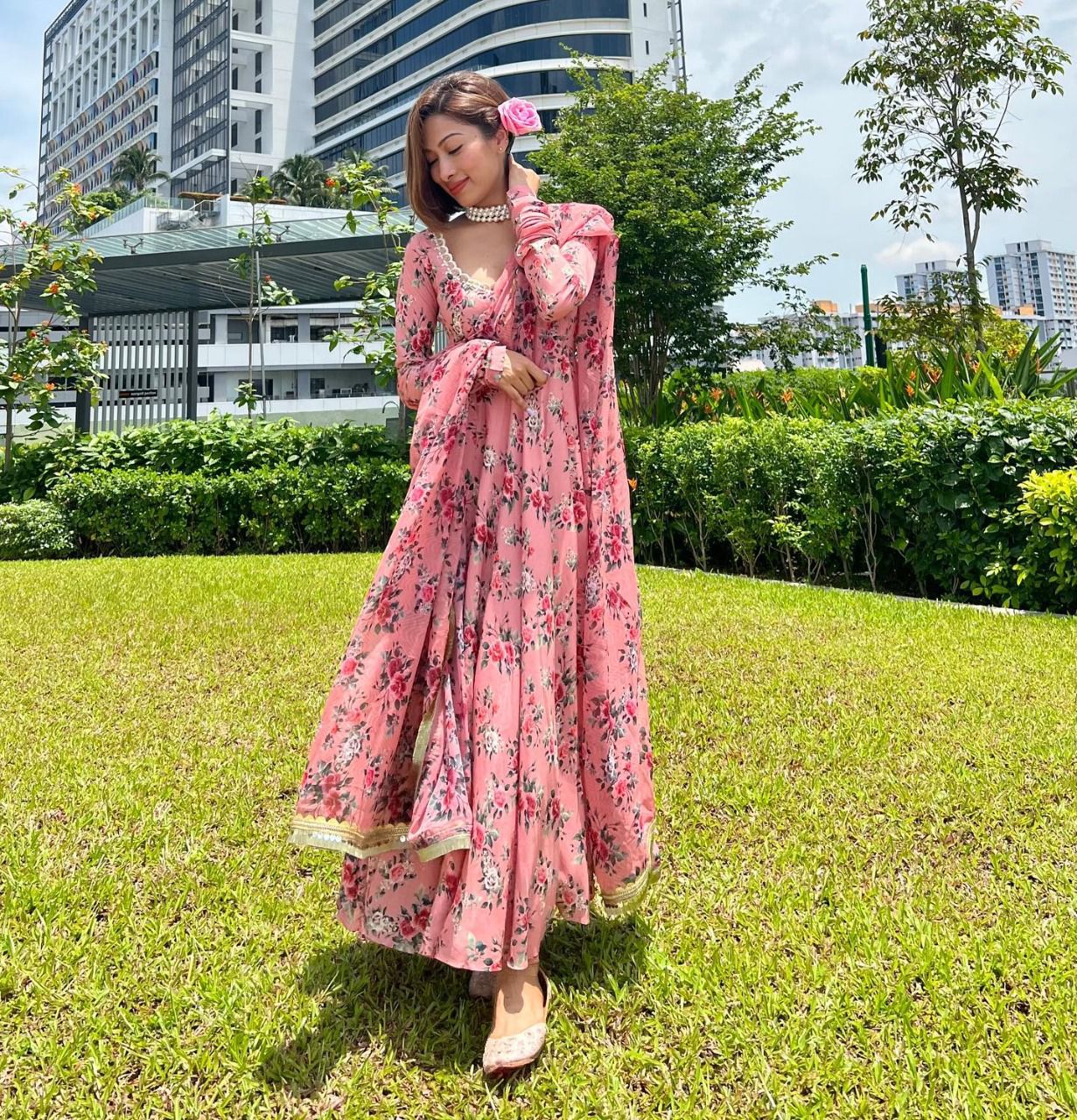 Beautiful Gown With Floral Printed Umbrella Flair With Pent And Dupatta Set