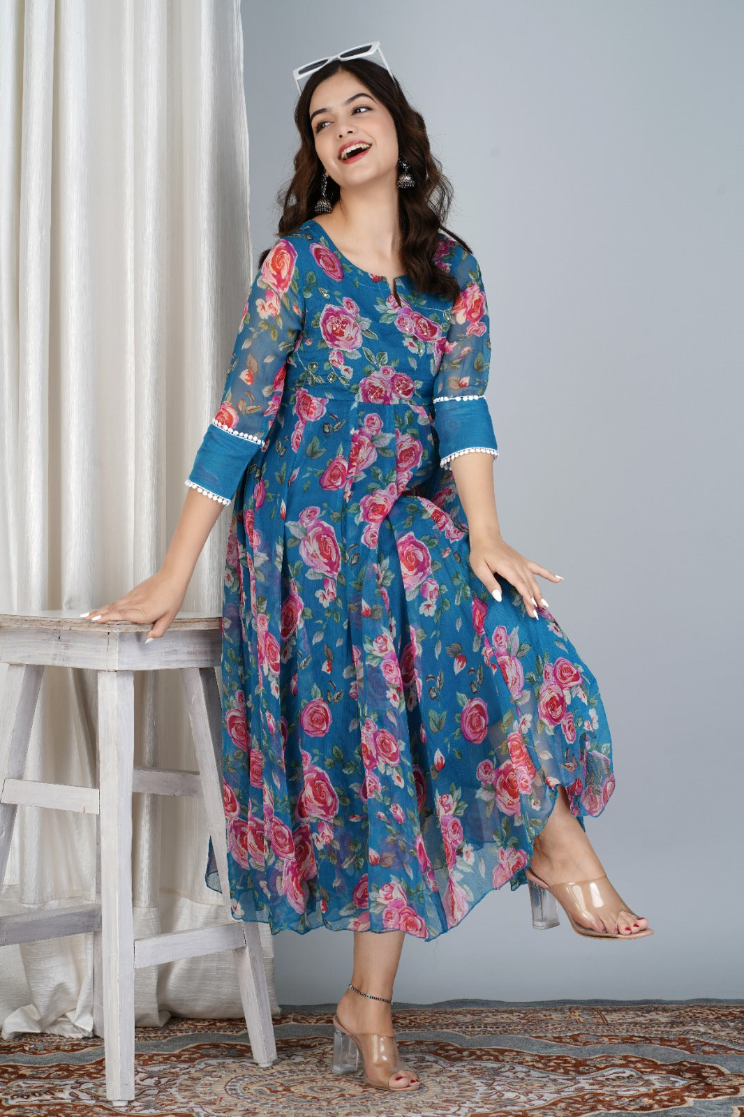 Chiffon Printed Anarkali  Kurti With Full Flair