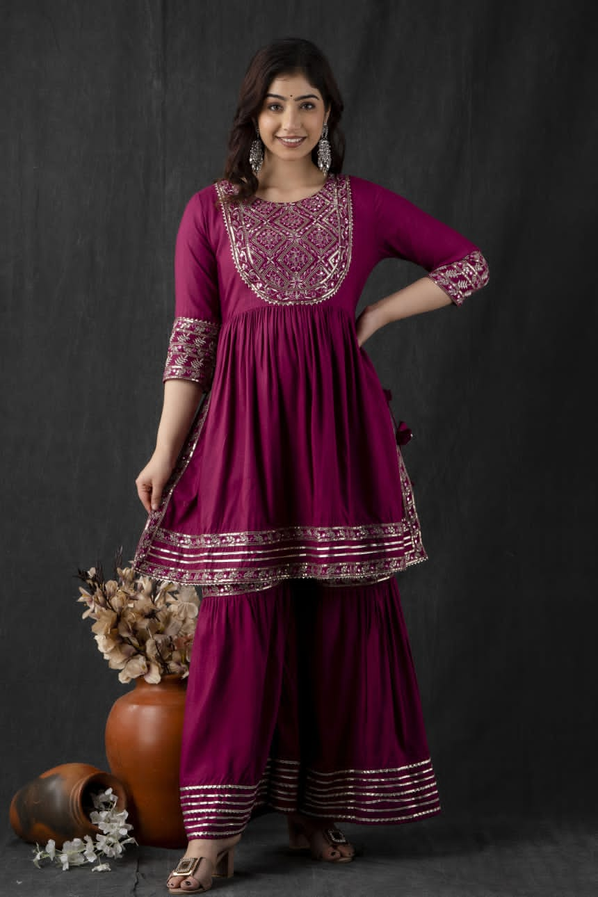 Wine Rayon embroidered  Kurta with embroidery work