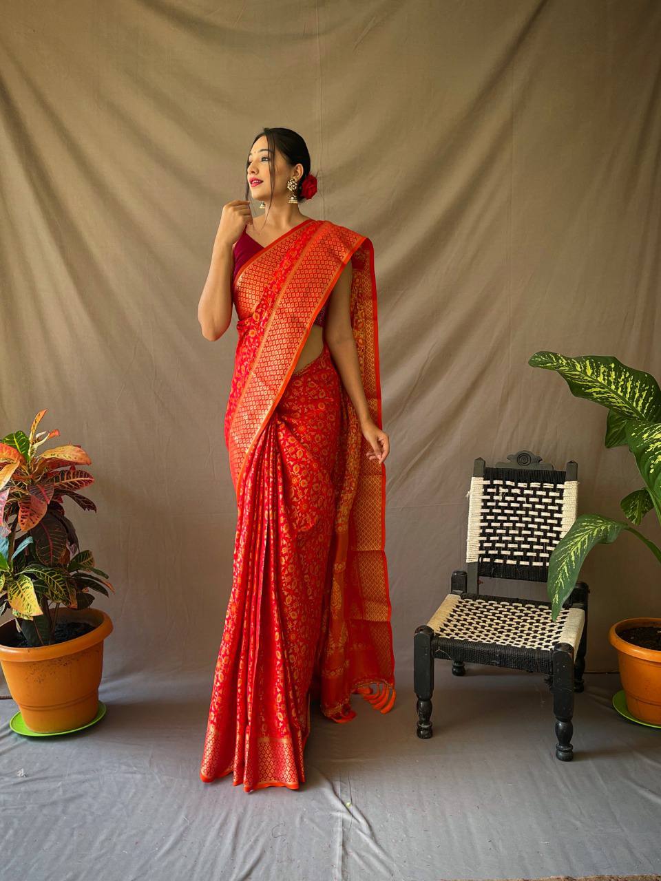 Red Pure Patola Silk Saree With Contrast Meenakari