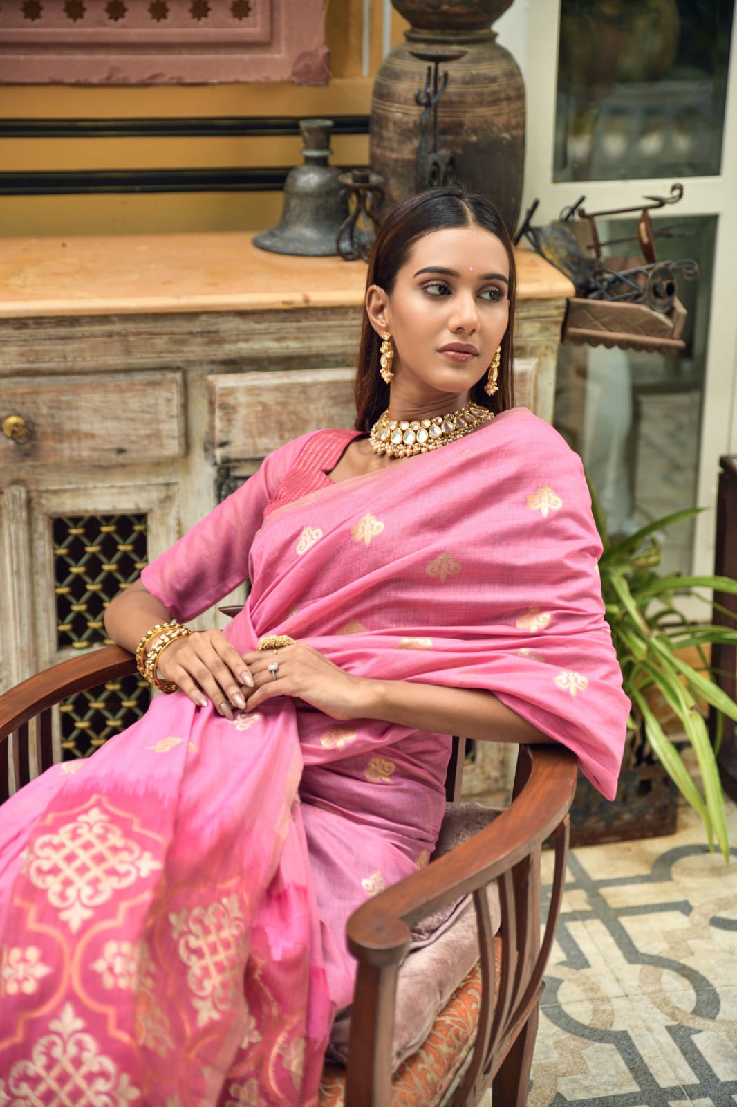 $387 - $645 - Pink Silk Chanderi Silk Saree and Pink Silk Chanderi Silk Sari  Online Shopping