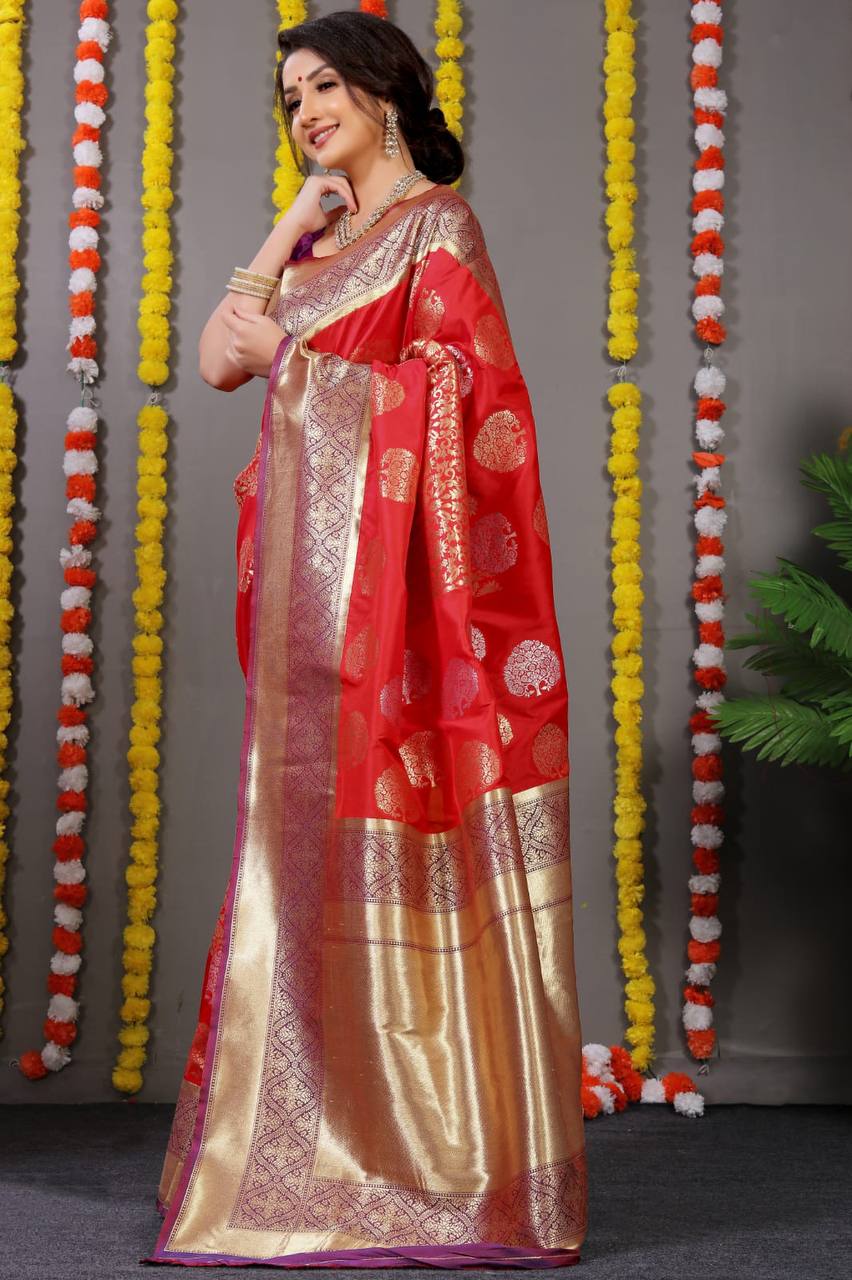 Red Kanchipuram Pure Silk Handloom Saree With Pure Jari