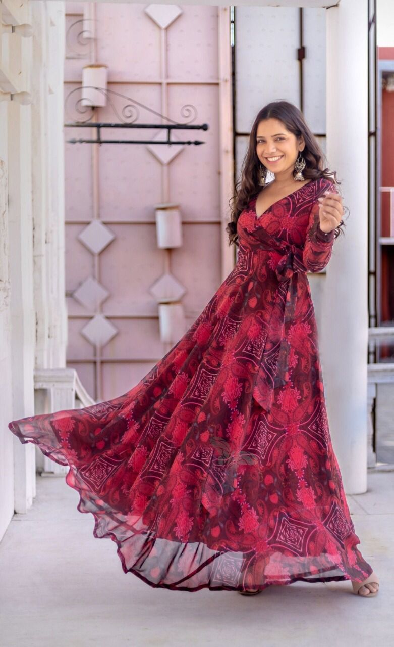Red Georgette Gown With Floral Print