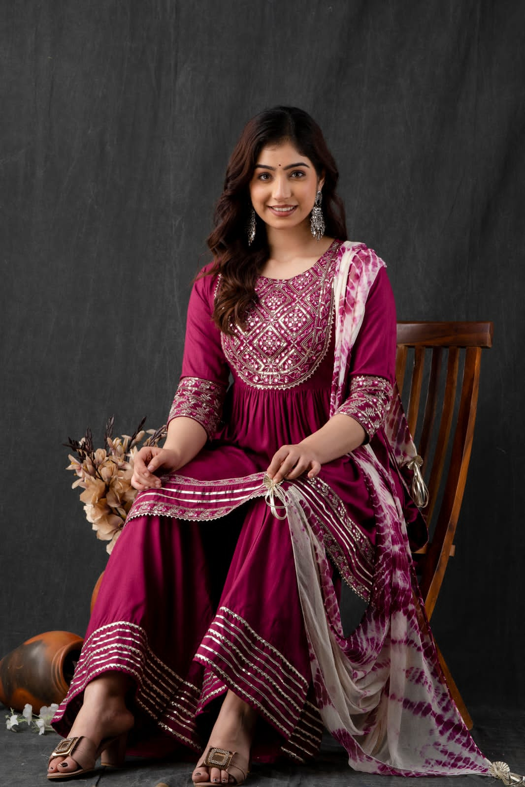 Wine Rayon embroidered  Kurta with embroidery work