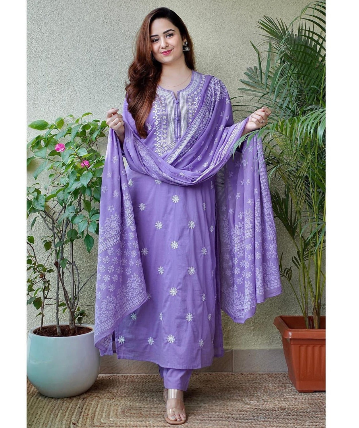 Cotton Lavender Kurti With Dupatta Set