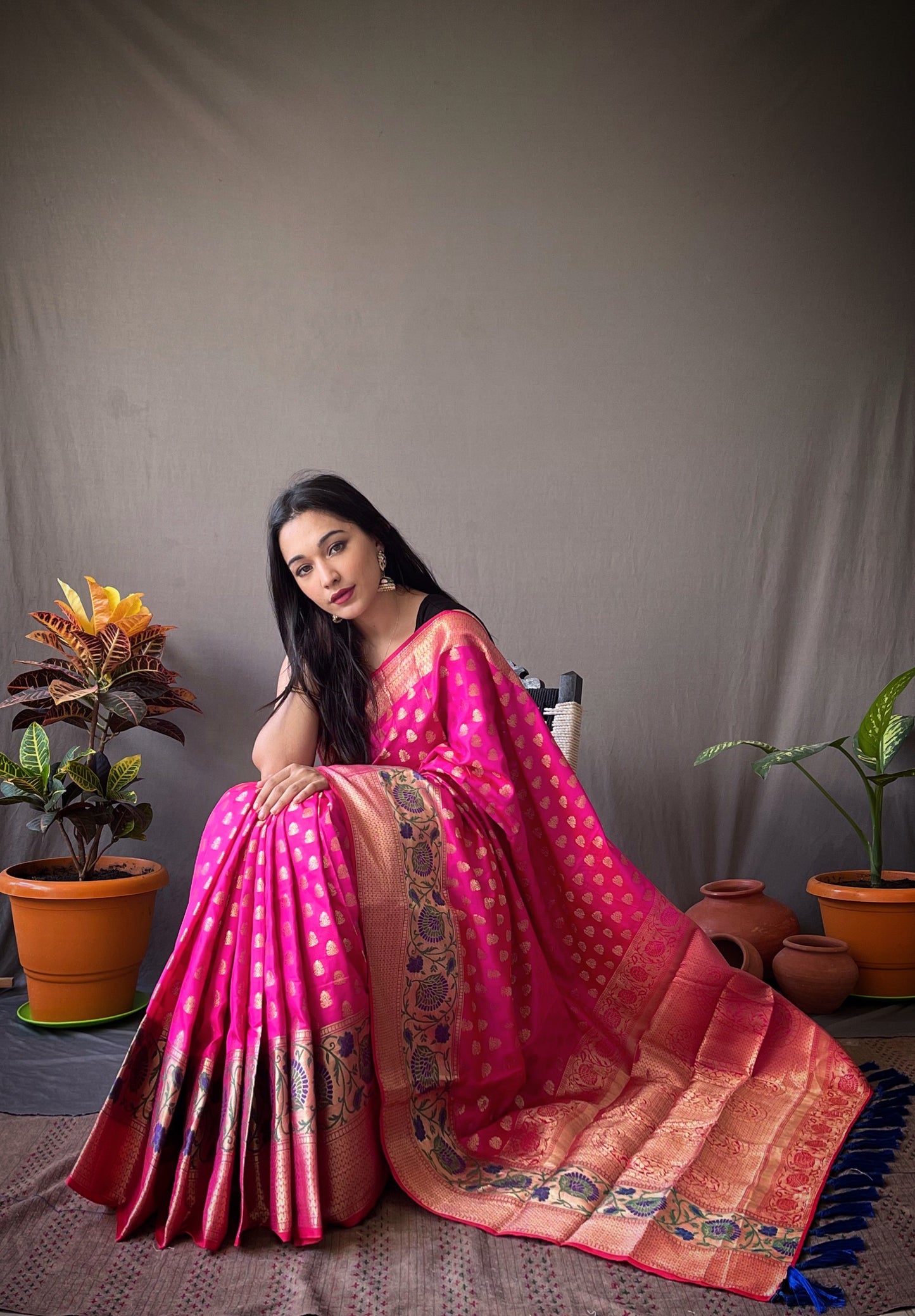 Pink Banarasi Silk Sarees With Gold Zari Weaving