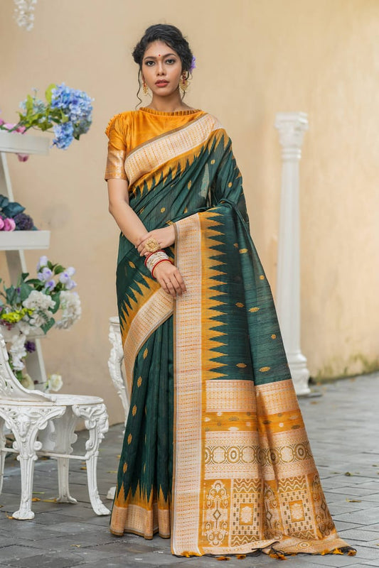 Semi Pure Tussur Silk weaving Saree With Temple Woven Border