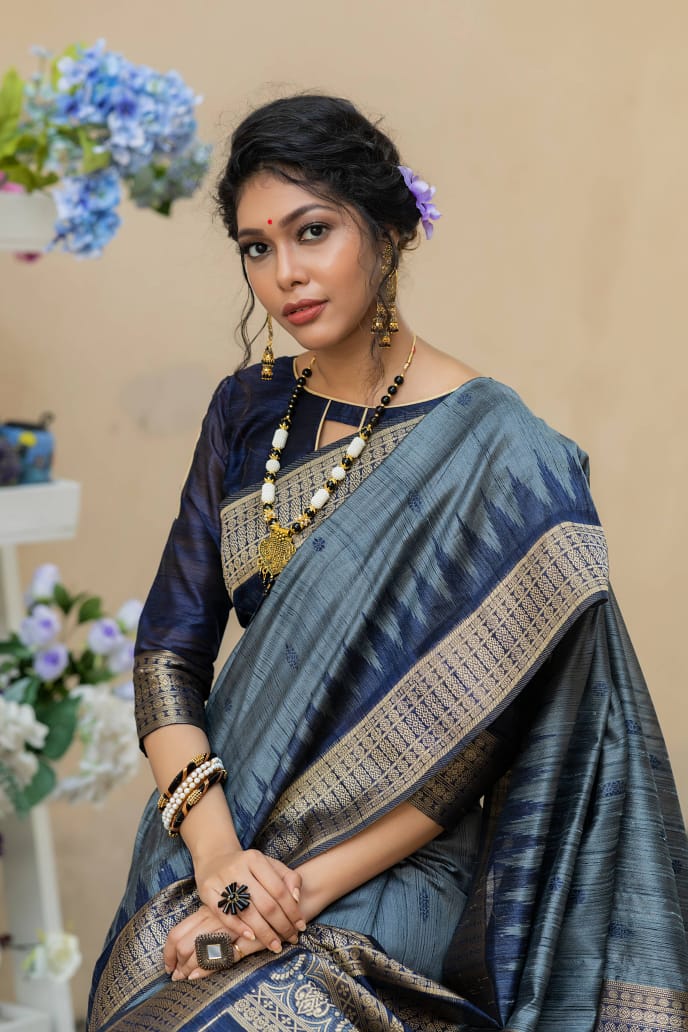 Semi Pure Tussur Silk weaving Saree With Temple Woven Border