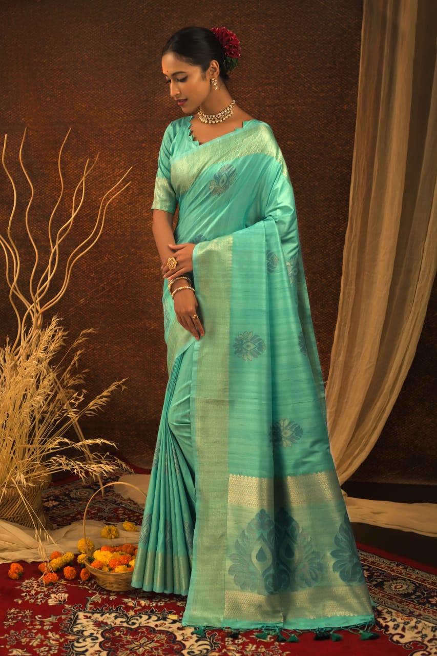 Aqua Blue Soft Mulberry Silk Weaving Saree