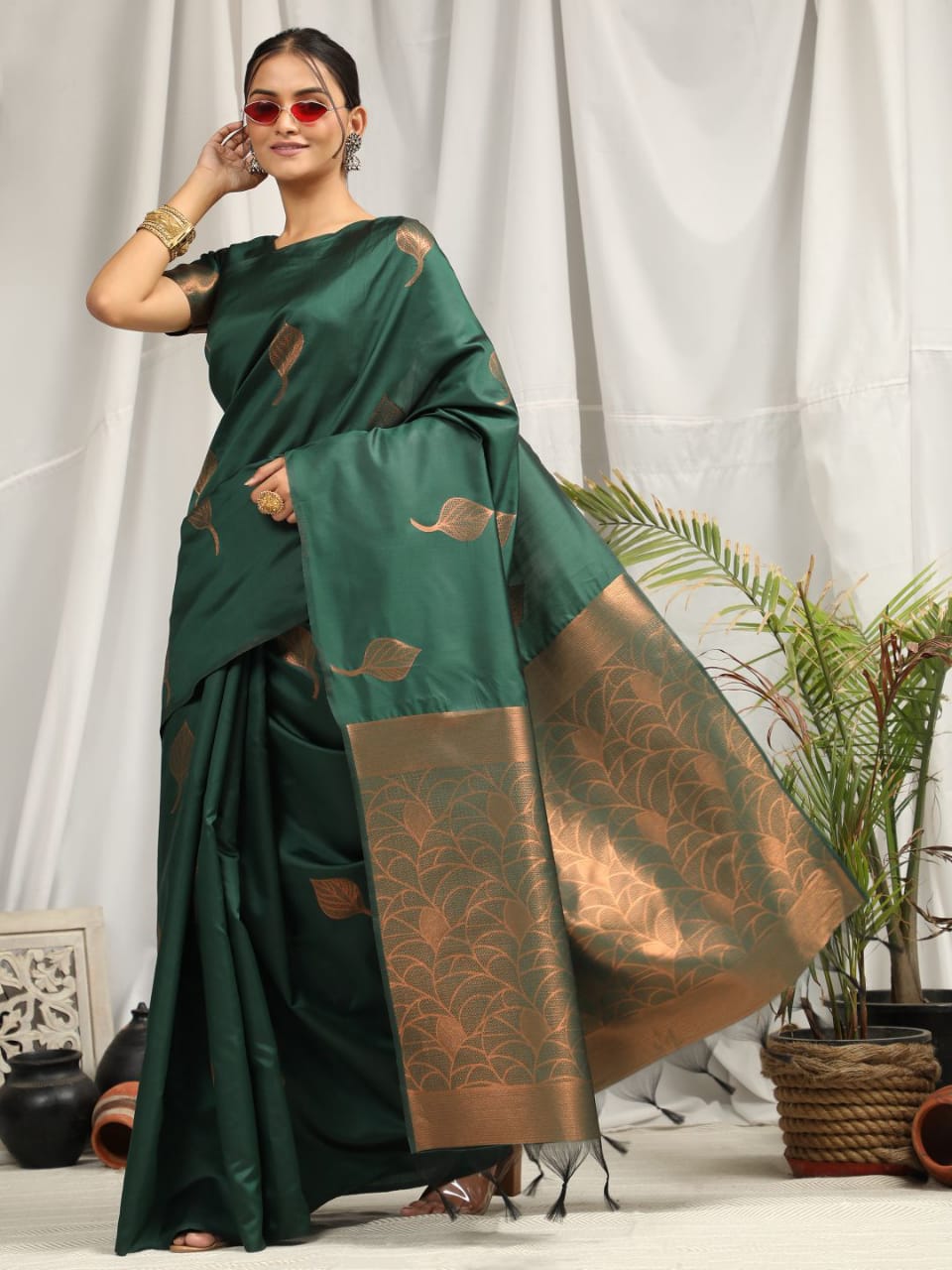 Green Soft Silk Saree With Copper Zari Weaves Butties Saree