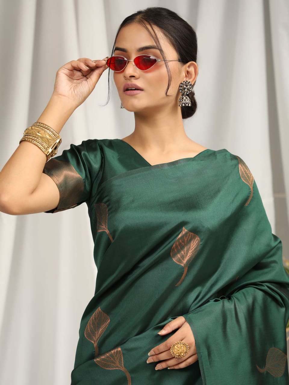 Green Soft Silk Saree With Copper Zari Weaves Butties Saree