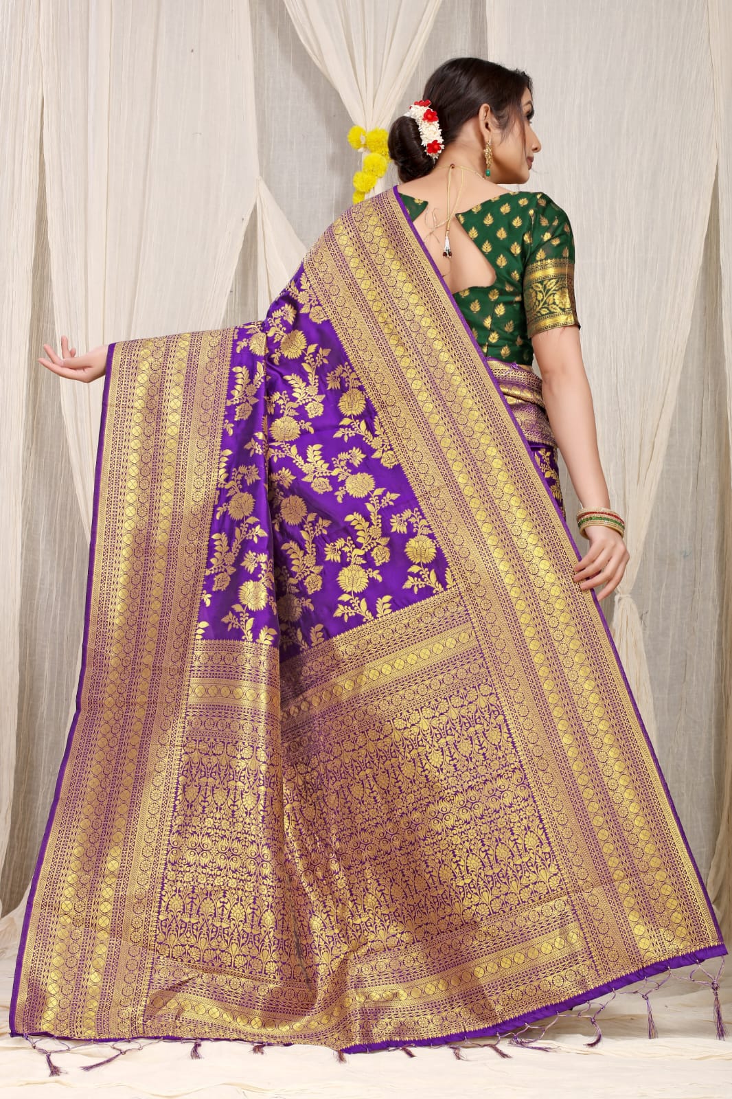 Violet Pure silk saree with gold Jari weaving work