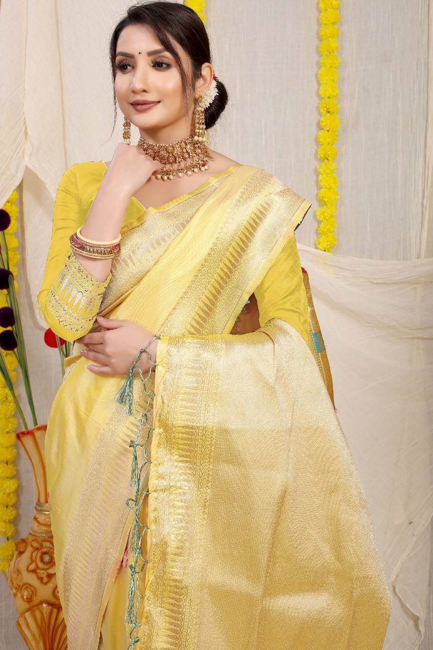 Kanchipuram Pure Yellow Silk Handloom Saree