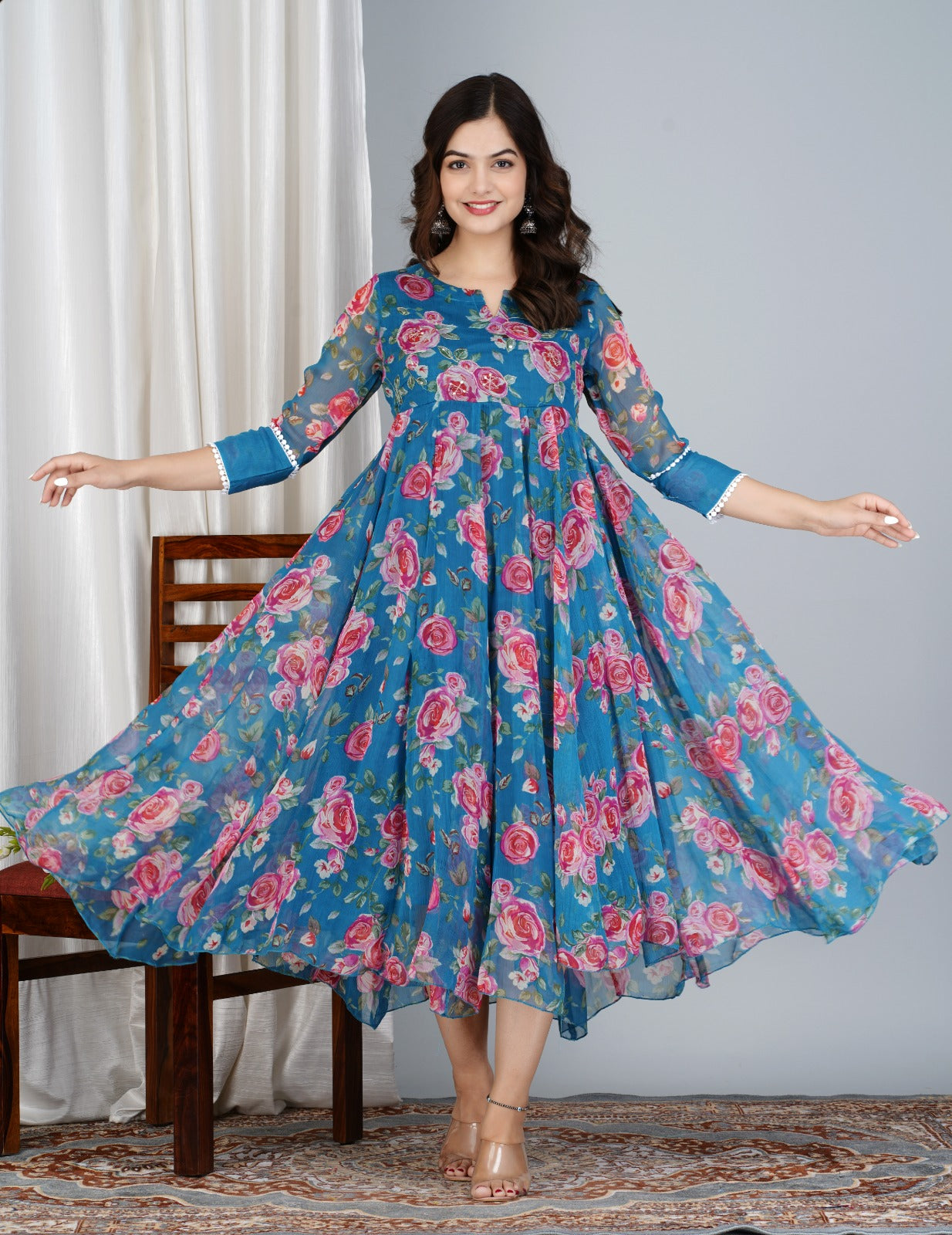 Chiffon Printed Anarkali  Kurti With Full Flair