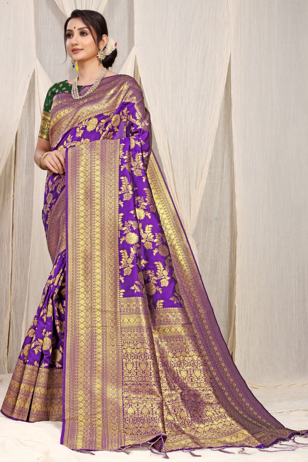 Violet Pure silk saree with gold Jari weaving work