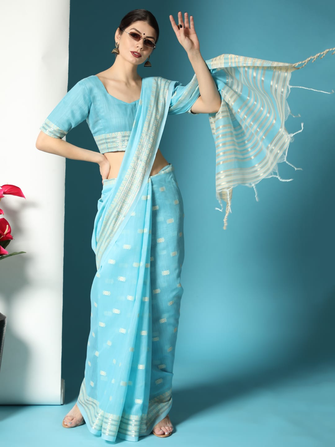 Sky Blue Chanderi Chikankari Weaving Saree With Classy Zari