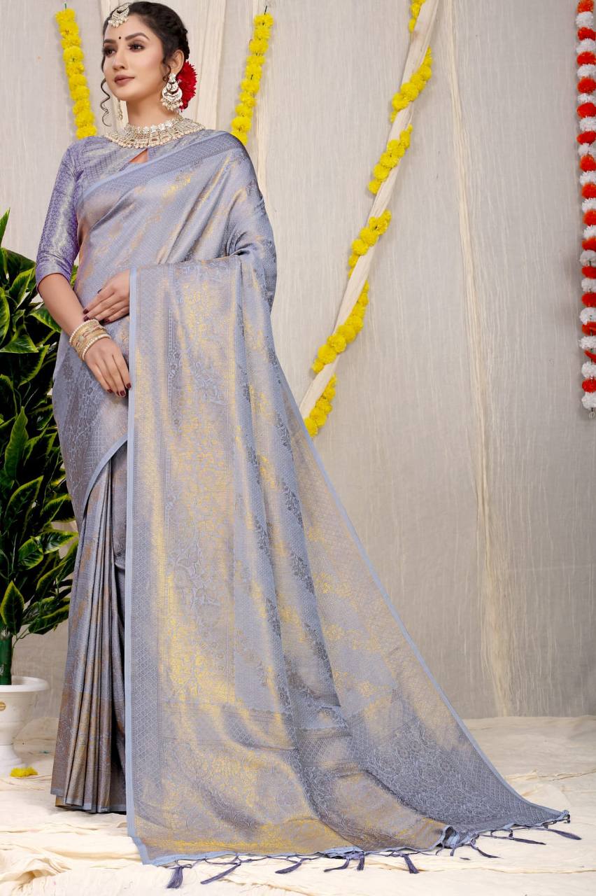 Grey Pure Kanchipuram Silk Sarees In Pure Gold Zari