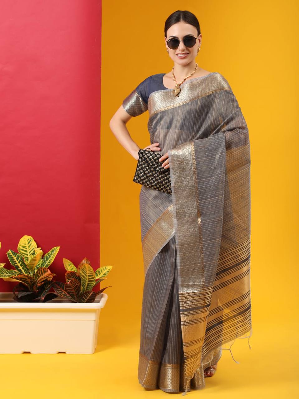 Grey Tissue Linnen Silk Saree With Fancy Zari Weaving Border