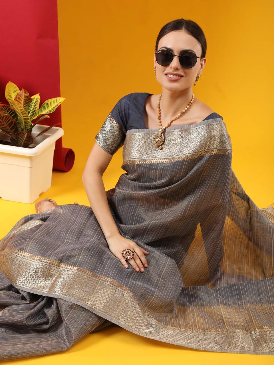 Grey Tissue Linnen Silk Saree With Fancy Zari Weaving Border