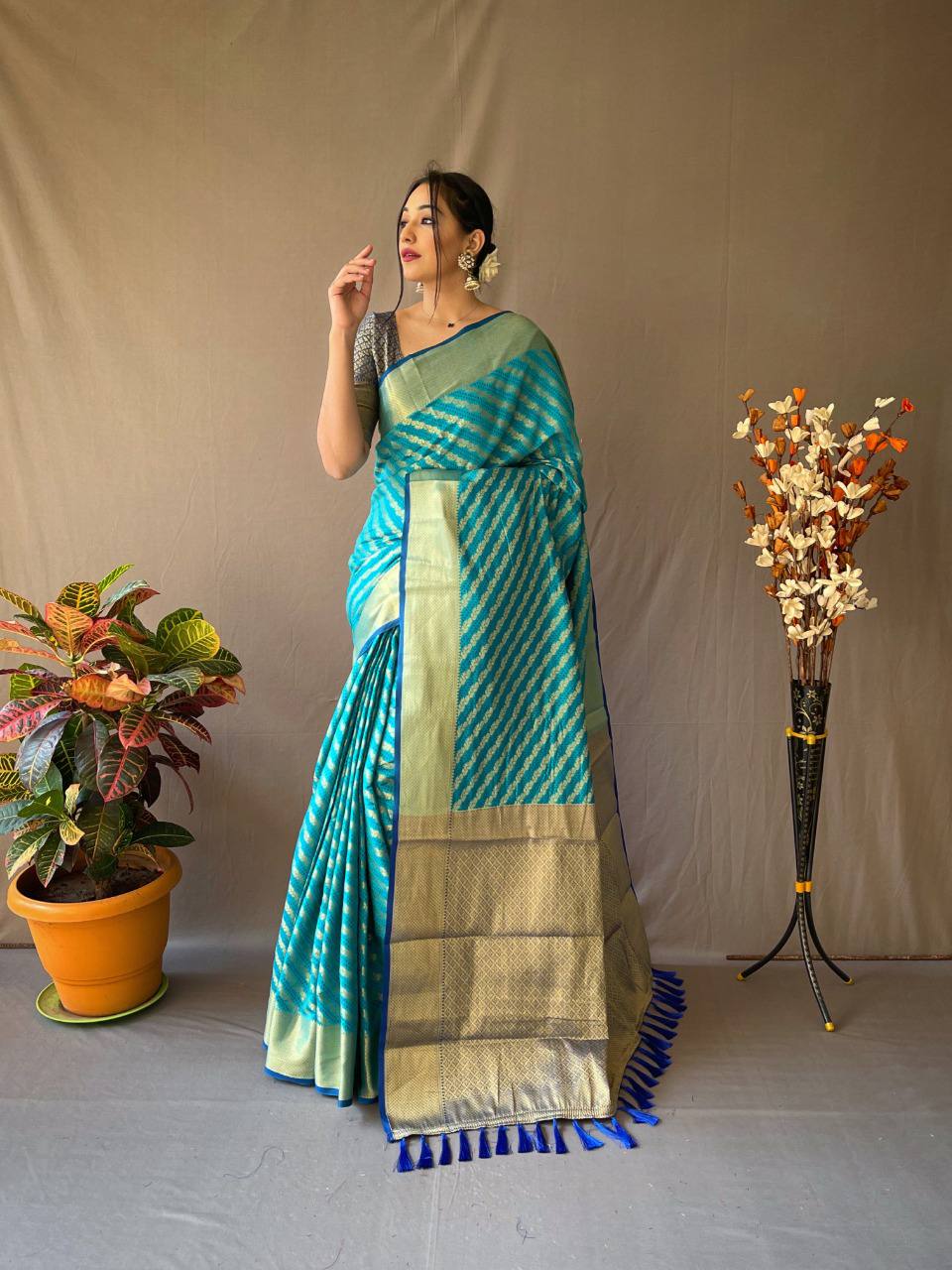 Aqua-Blue Banarasi Beautiful Patola Sarees With Leheriya Gold Zari Weaves