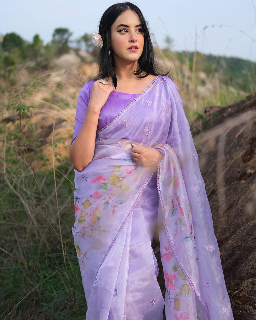 Royal Purple Printed Soft Silk Saree – Zari Banaras