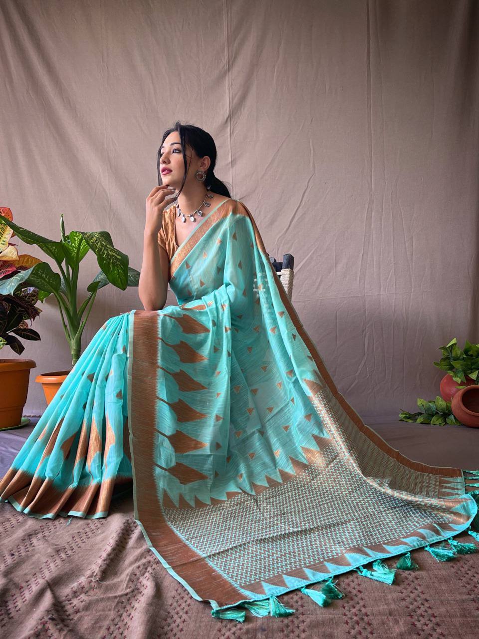 Sky Blue Cotton Slub Sarees With Copper Zari Temple Weaving Border