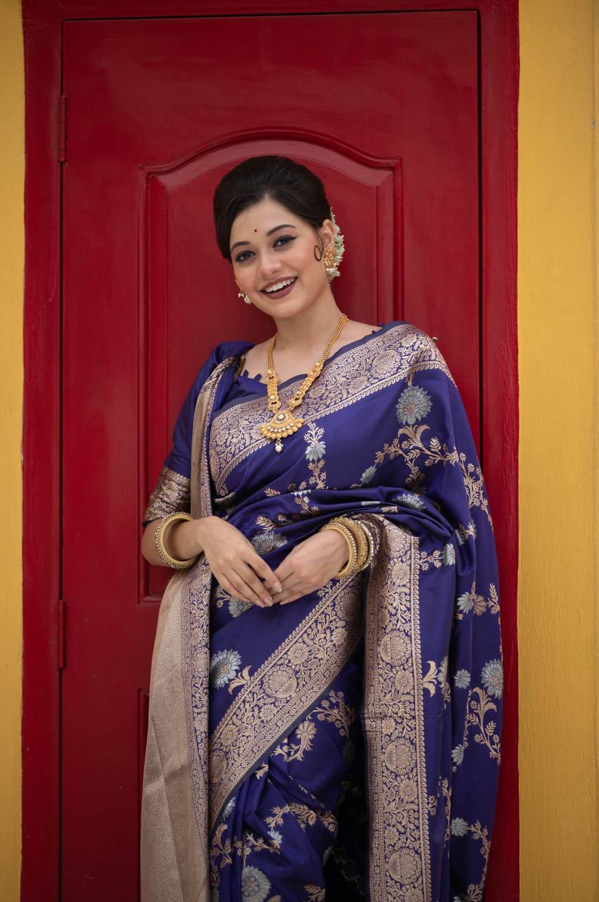 Blue Soft Banarasi Katan silk saree