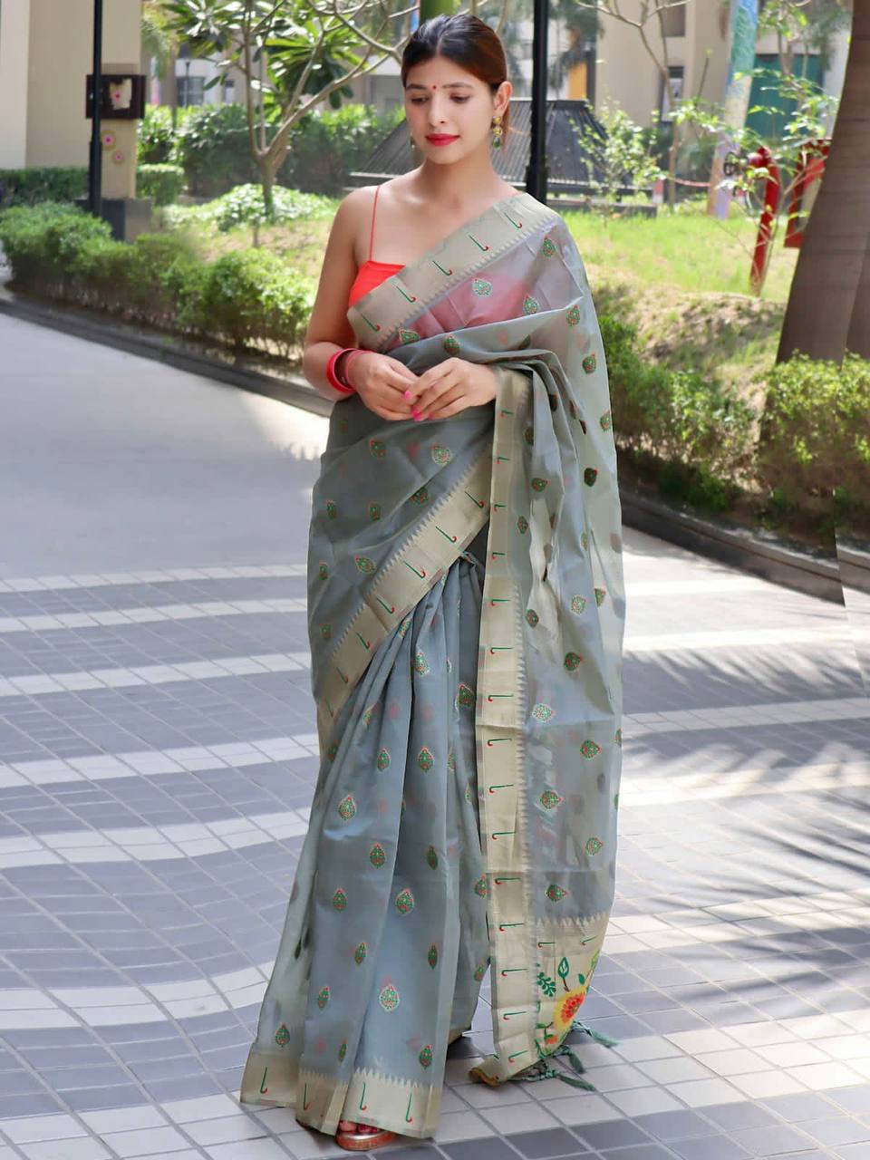 Grey Paithani Saree With Zari Weaving Border.