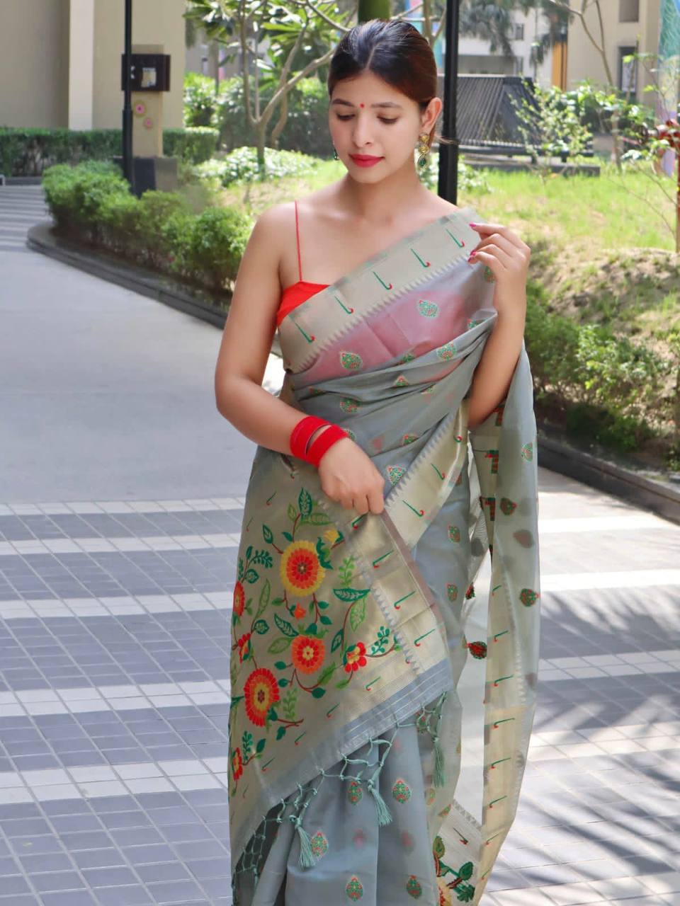 Grey Paithani Saree With Zari Weaving Border.