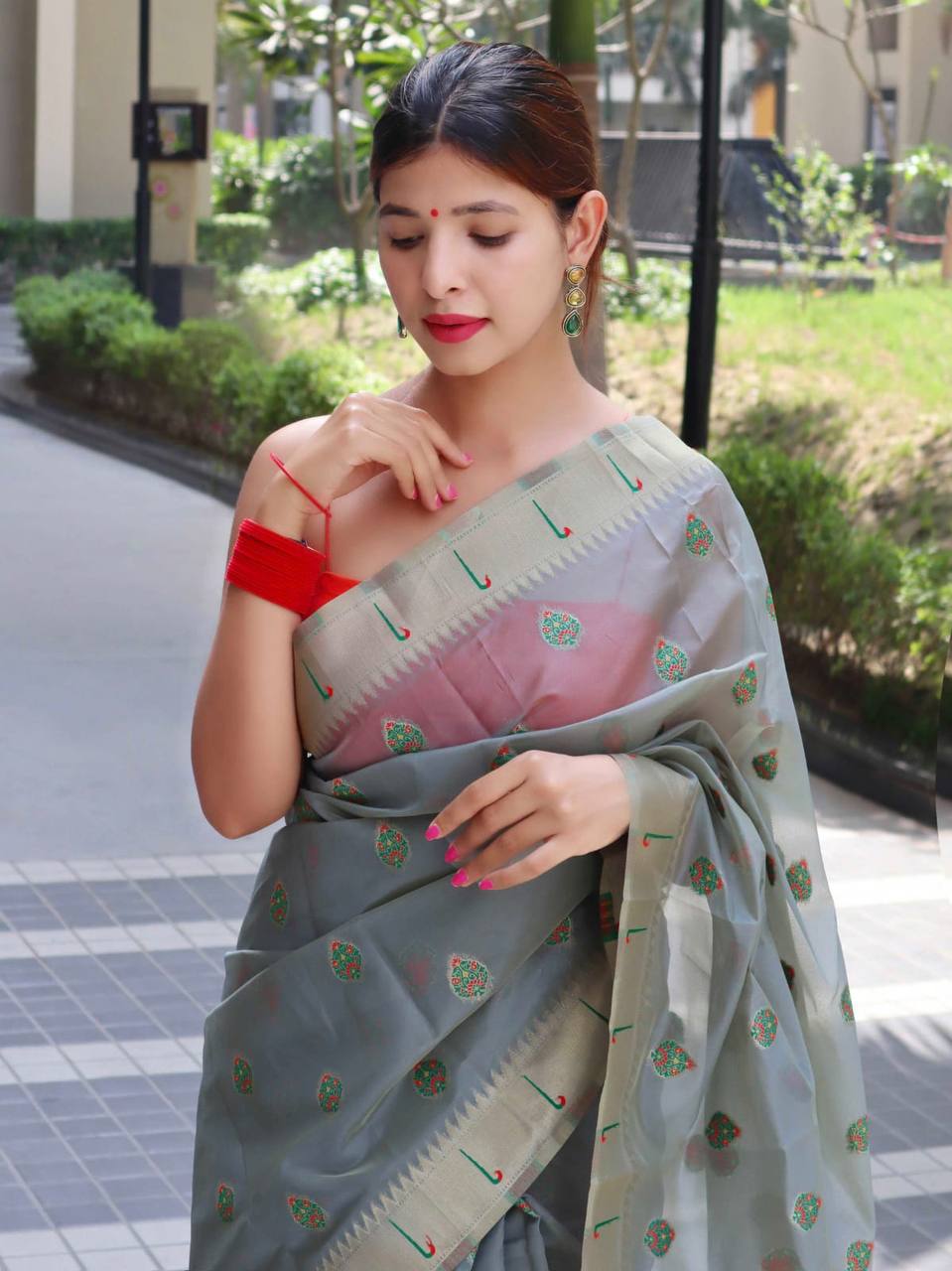 Grey Paithani Saree With Zari Weaving Border.