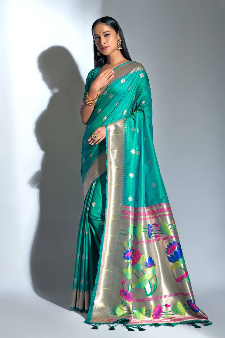 Sky Blue Banarasi Soft Silk Paithani Saree With Zari Border