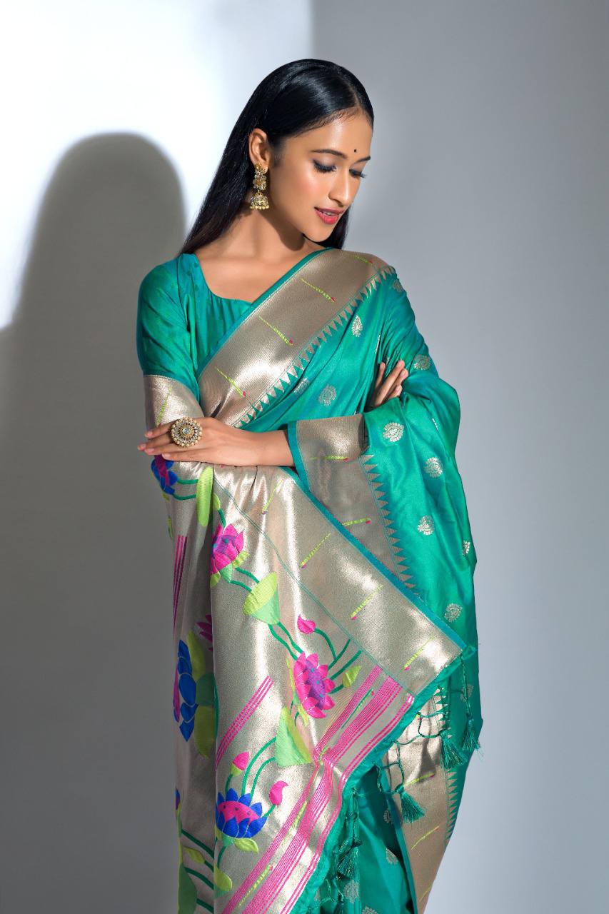 Sky Blue Banarasi Soft Silk Paithani Saree With Zari Border